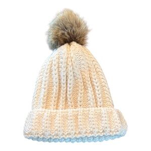 Aran Traditions Cream Cable Knit Faux Fur Pom Beanie Hat Soft Fleece Lined